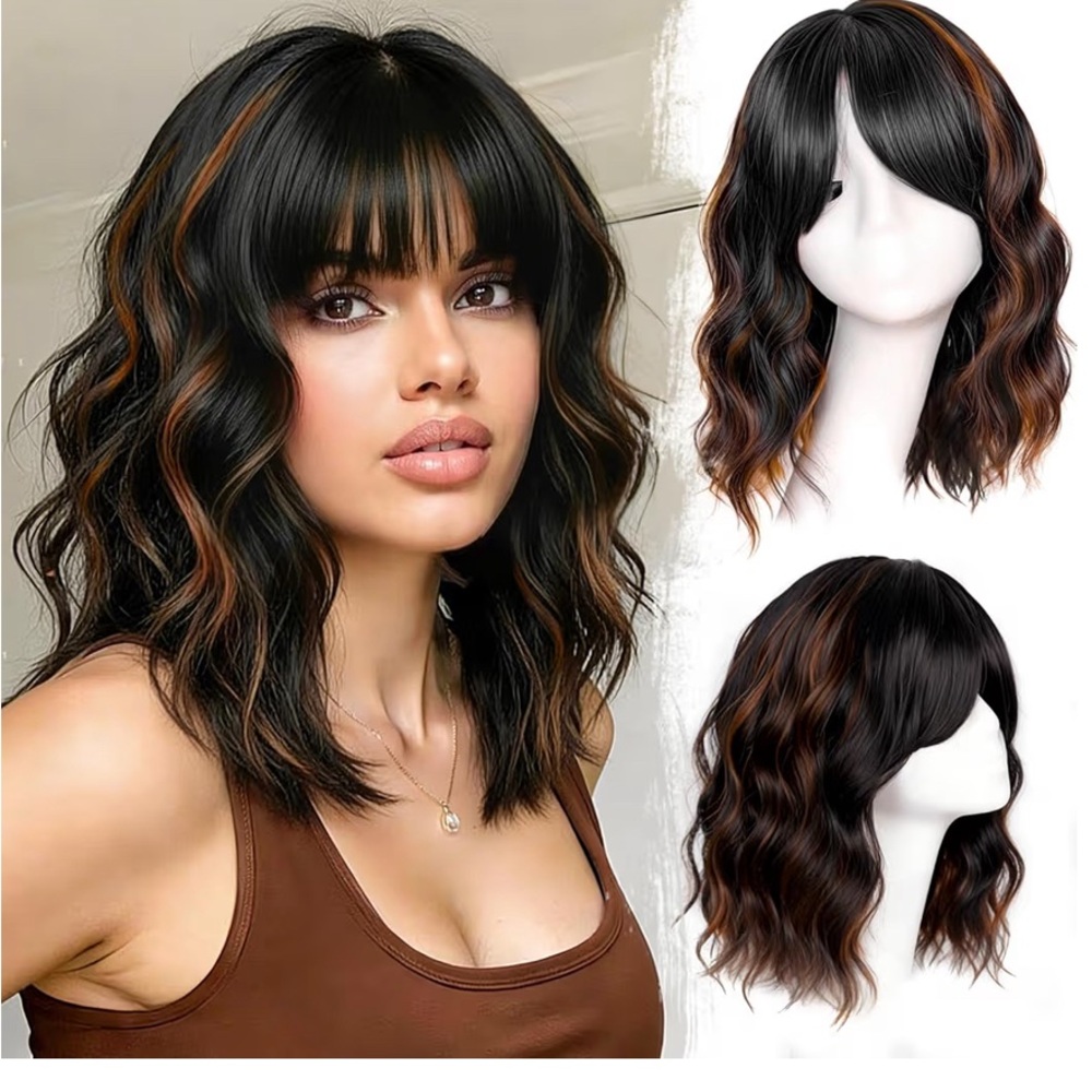 BRAND NEW Black Mixed Brown with Bangs Short Wavy Synthetic Shoulder Length Hair